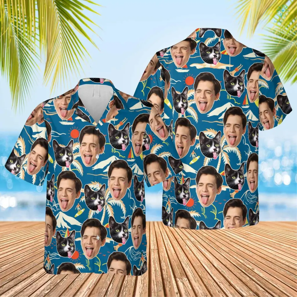 Blue Tropical Island Hawaiian Funny Custom Photo People and Pet Summer Shirt Beach Hawaiian Casual Button Down Short Sleeve Hawaiian Shirt