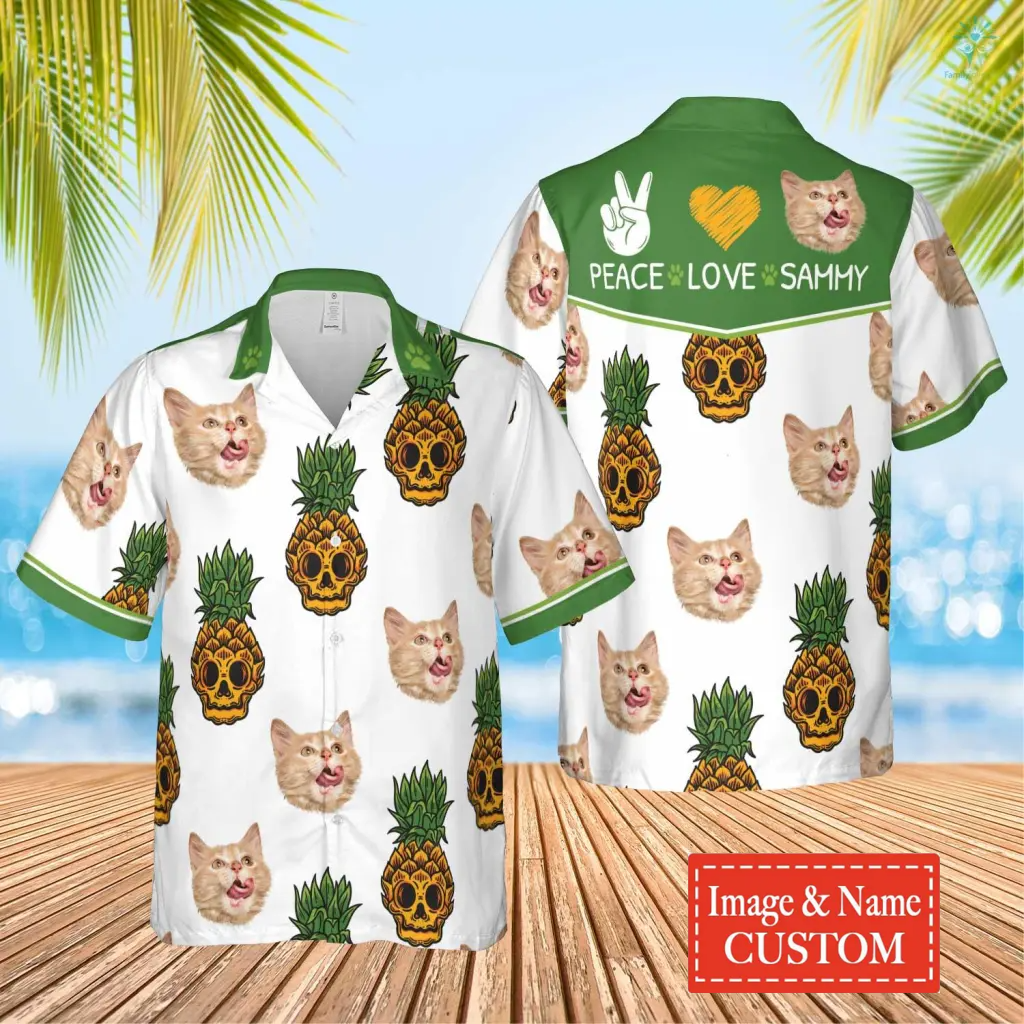 Pineapple Cat/ Peace/ Love Hawaiian Personalized Name And Image Cat Summer Shirt Beach Hawaiian Shirt