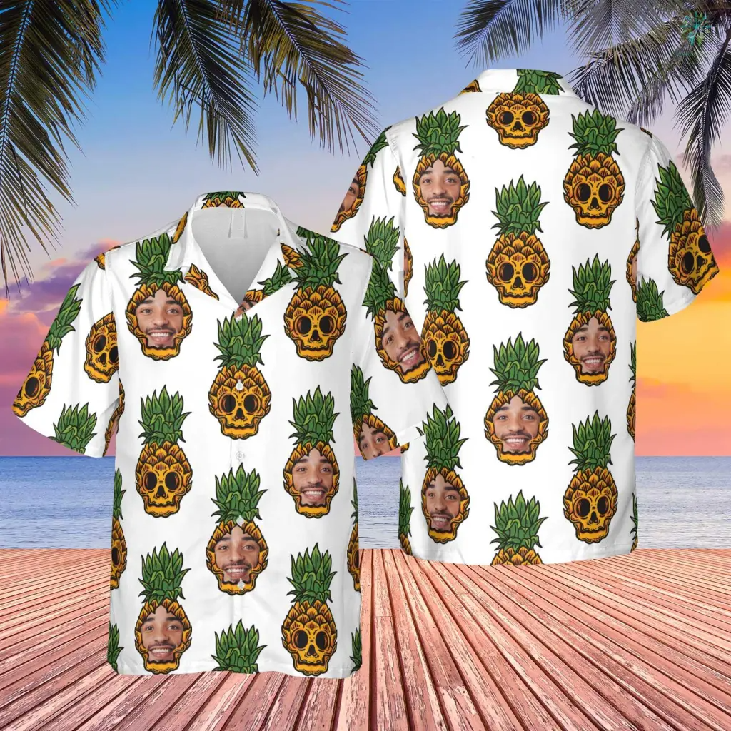 Custom Photo Pineapples Hawaii Funny Summer Shirt Beach Hawaiian Casual Button Down Short Sleeve Hawaiian Shirt