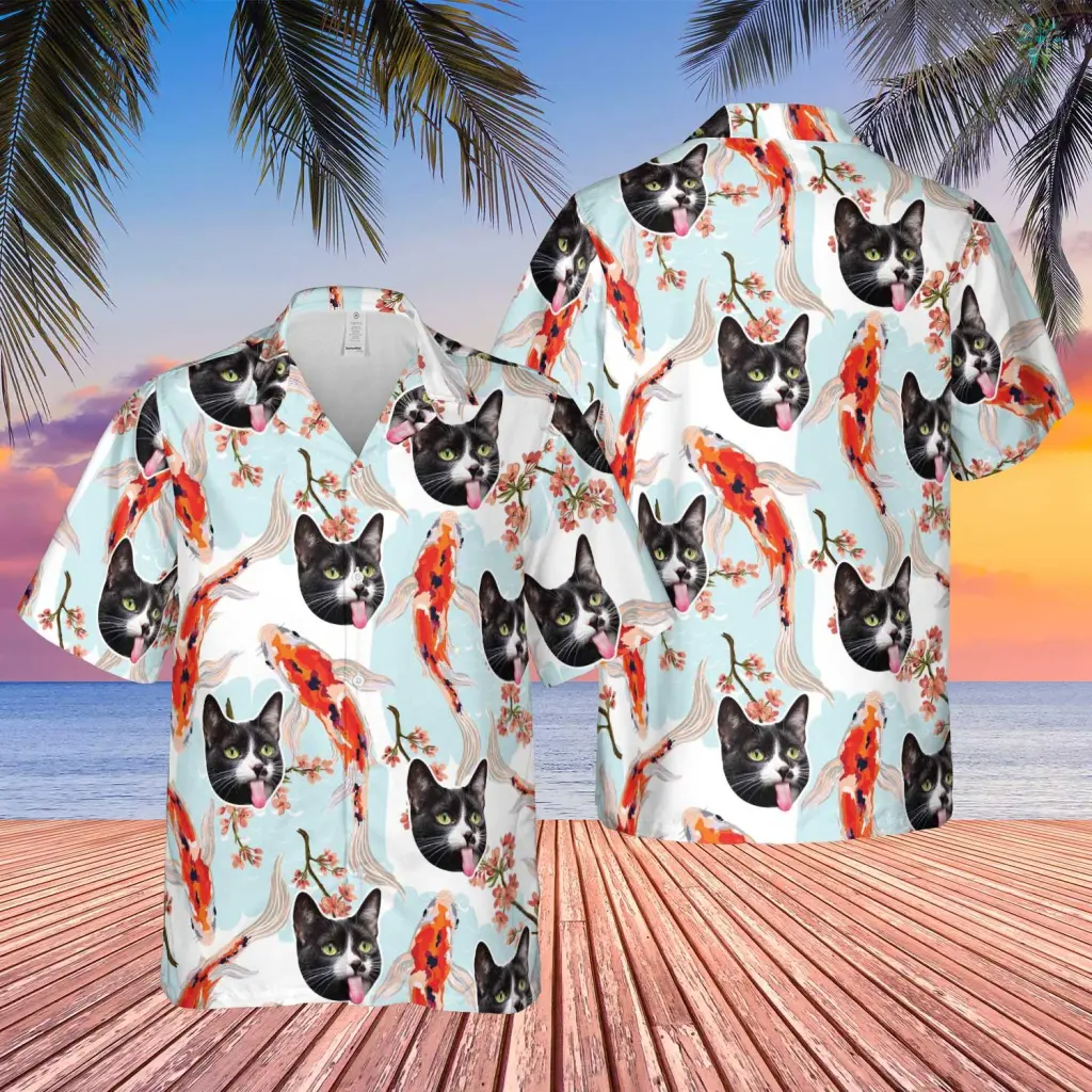 Fish And Funny Cat Hawaiian Custom Image Cat Summer Shirt Beach Hawaiian/ Hawaiian Shirt for Men Women/ Cat Lover