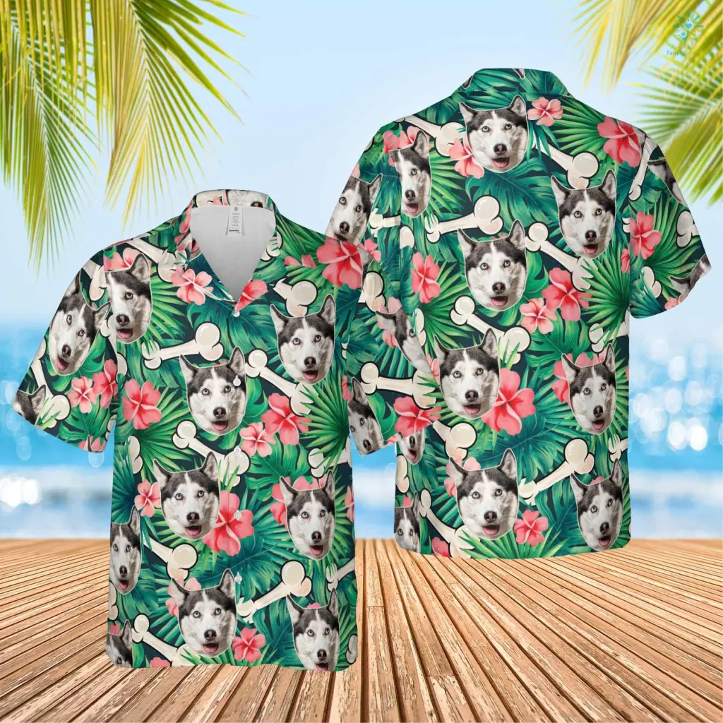 Custom Photo Dog Green Leaves With Bones Hawaiian/ Funny Summer Shirt Beach Hawaiian Shirt/ Idea Gift for Pet Lover