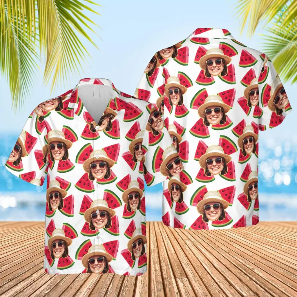 Custom Face Photo Watermelon Pattern Hawaiian Shirt/ Perfect Shirt for Men Women/ Personalized Hawaiian Shirt