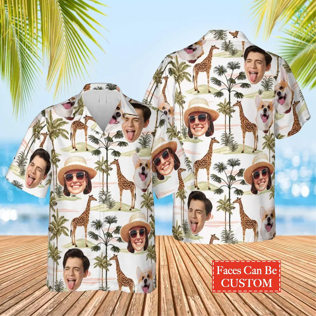 Custom Photo Family Funny Giraffe Palm Tree Hawaiian Shirt/ Custom Hawaiian Shirt/ Gift for Men Women