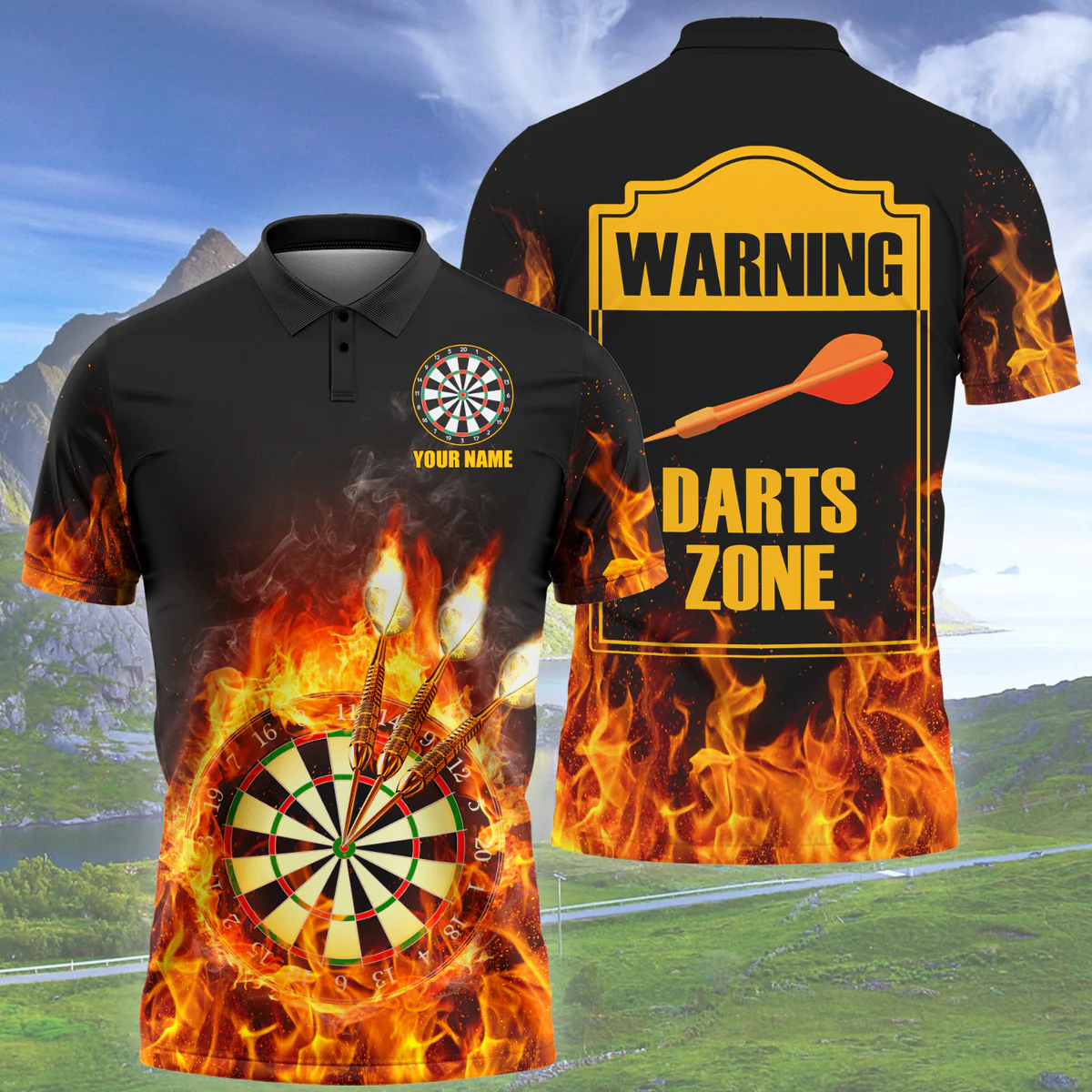 Dartboard and Arrow Warning The Dart Zone Funny Personalized Name Polo Shirt For Darts Player