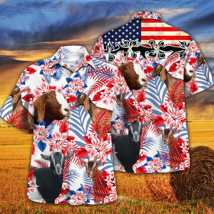 Nubian Goat Lovers American Flag Hawaiian Shirt/ Nubian Goat aloha Hawaiian shirt/ Hawaiian shirt men/ Hawaiian shirt women