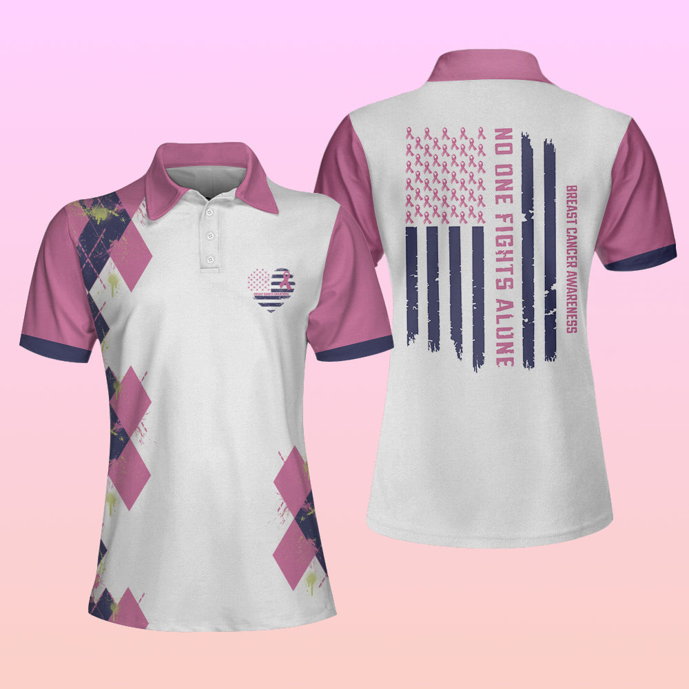 No One Fights Alone Breast Cancer Awareness Short Sleeve Women Polo Shirt/ Breast Cancer Polo Shirt For Women Coolspod