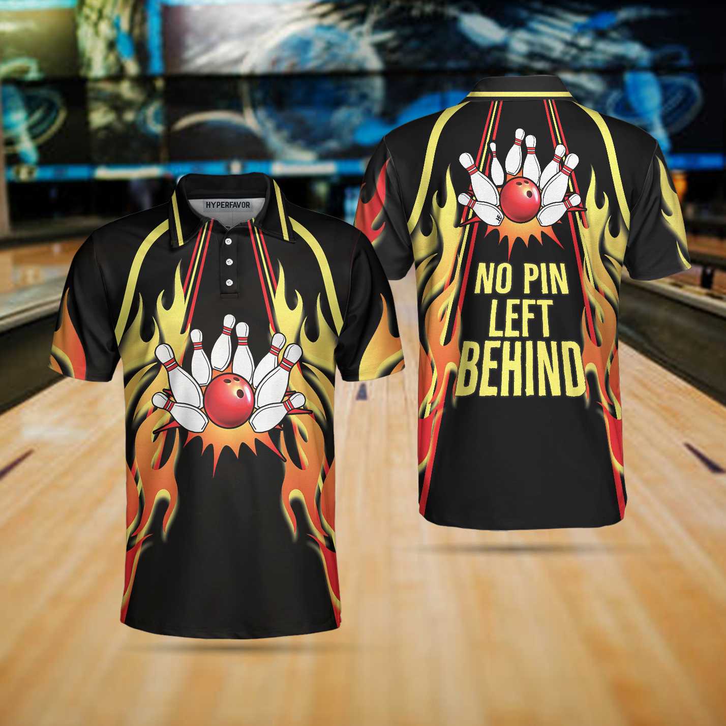 No Pin Left Behind Bowling Polo Shirt/ Black Shirt With Flames/ Polo Style Bowling Shirt For Men Coolspod