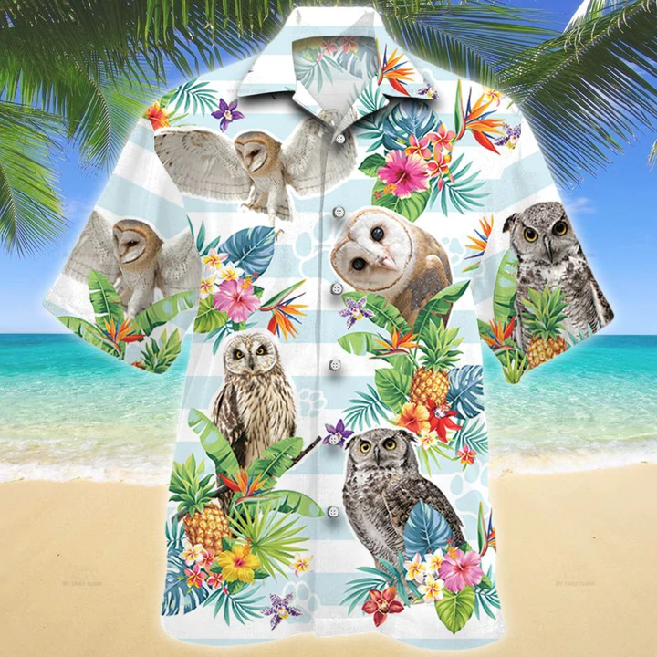Owl Tropical Flower Hawaiian Shirt/ Summer Men Hawaiian Shirts - Casual Button Down Short Sleeve Shirt
