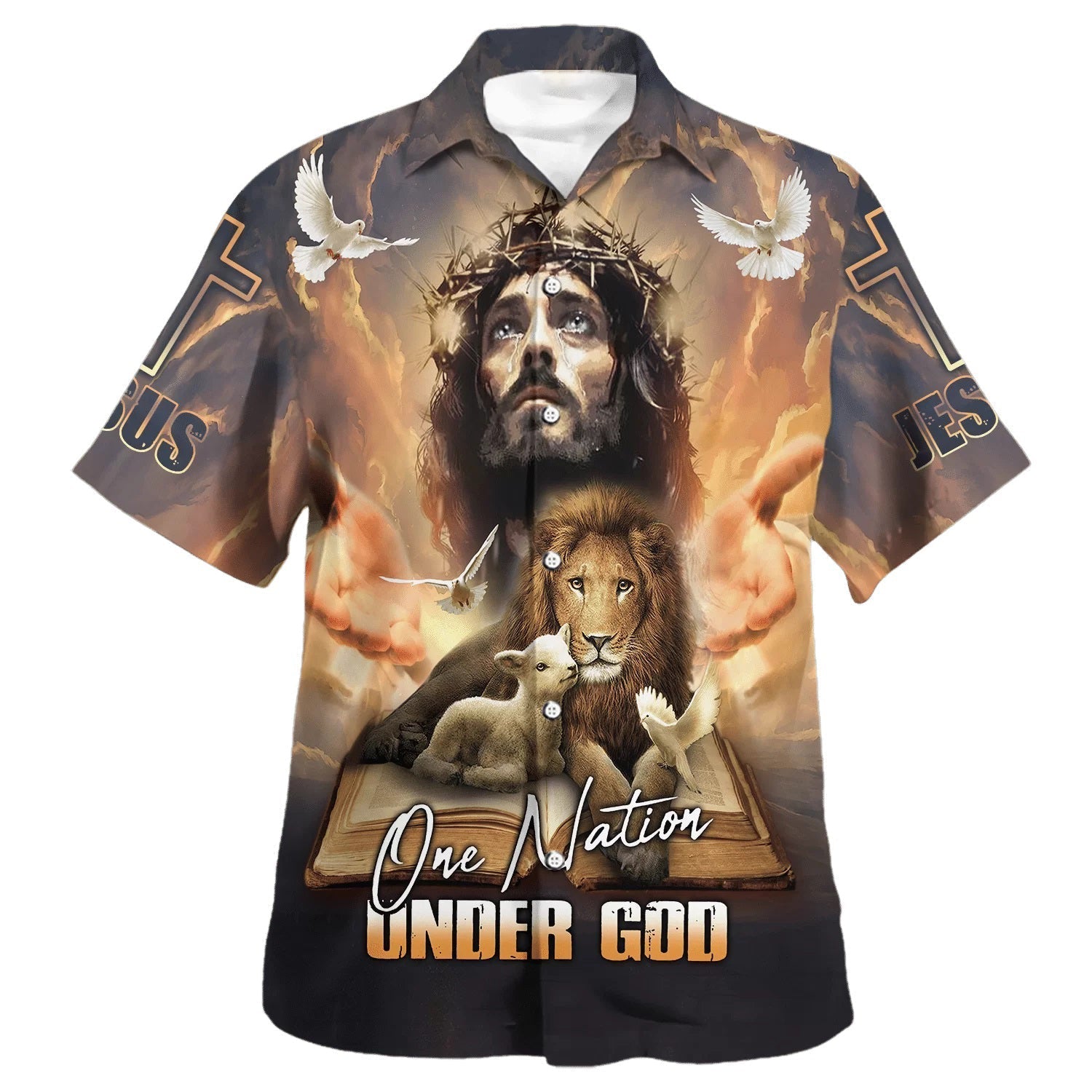 One Nation Under God Jesus Lion Cross Hawaiian Shirt - Christian Hawaiian Shirt - Religious Hawaiian Shirts