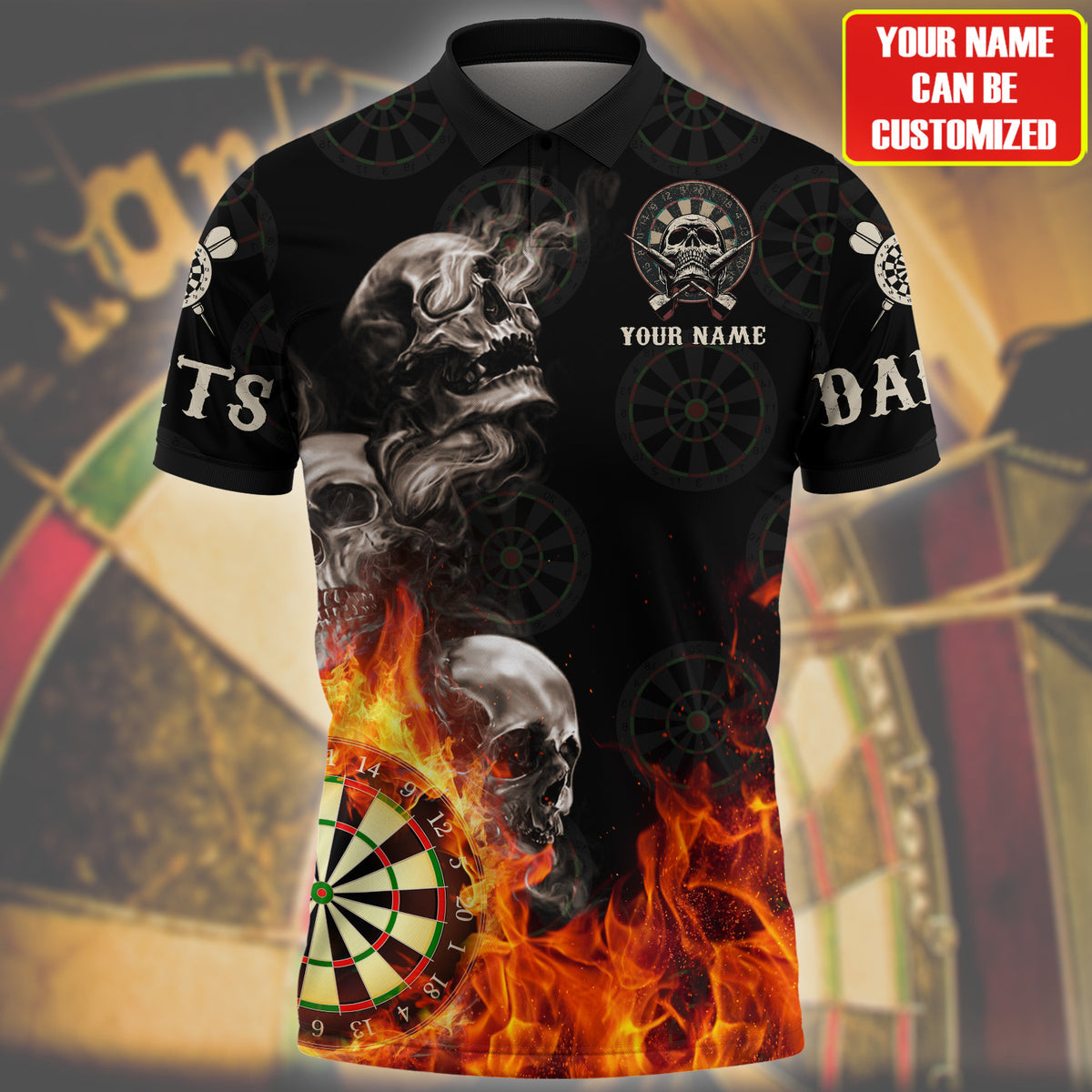 Skull On Fire Dart Polo Shirt/ Personalized Name Dart Skull 3D Shirt/ Skull Polo Shirt