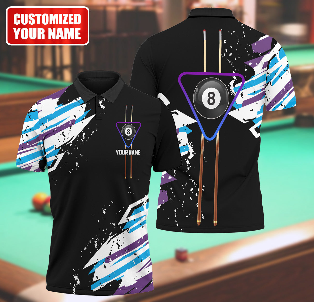 Personalized Name Watercolor Billiard Polo Shirt/ Unisex Shirt for Men Women/ Idea Gift for Billiard Player