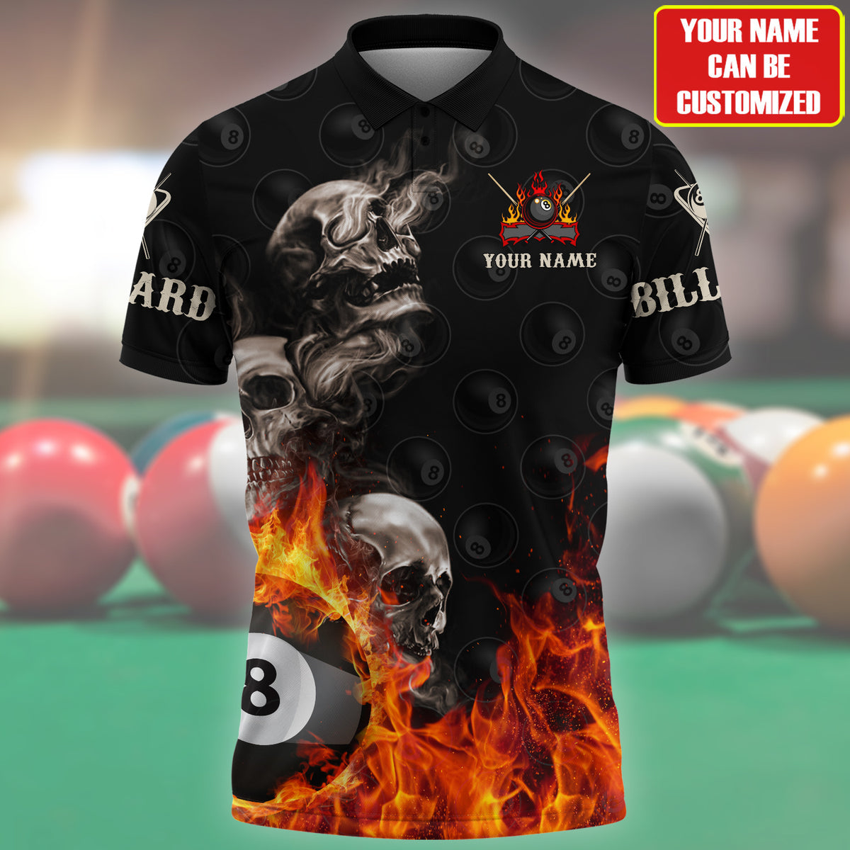 Skull On Fire Billiard Polo Shirt/ Personalized Name Billiard Skull 3D Shirt/ Skull Polo Shirt