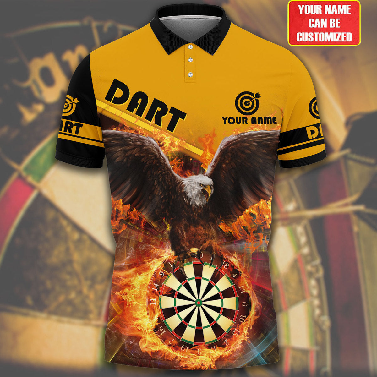 Custom Eagle Dart Polo Shirt/ 3D Printed Eagle Flying On Fire Dart Board Polo Shirt/ Dart Gift