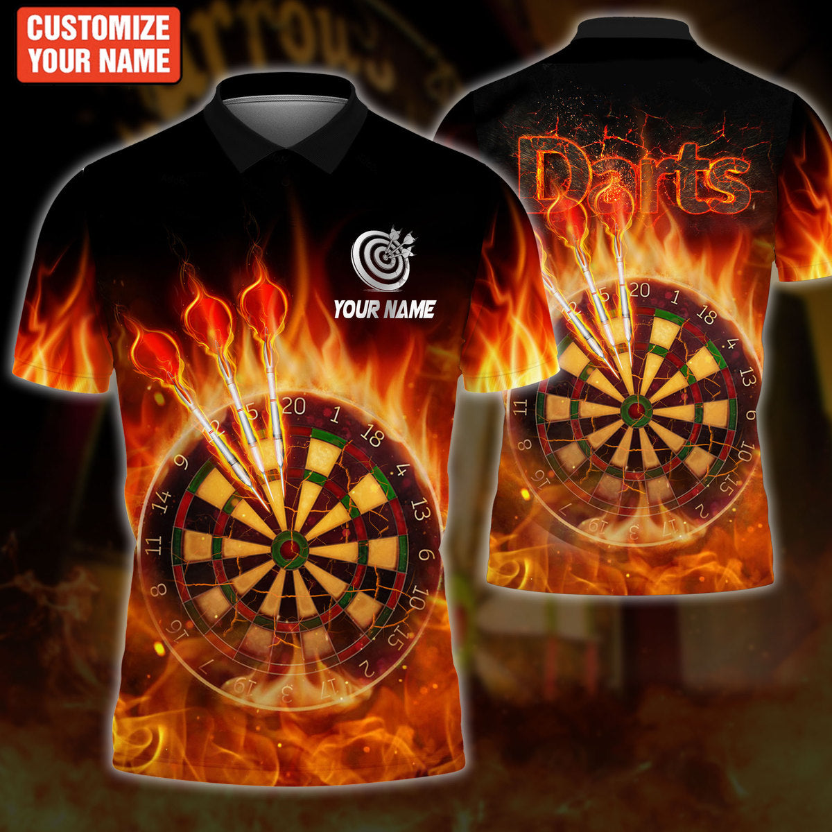Dart On Fire Personalized Name 3D Polo Shirt Darts/ Unisex for Man Women/ Dart Team Shirt