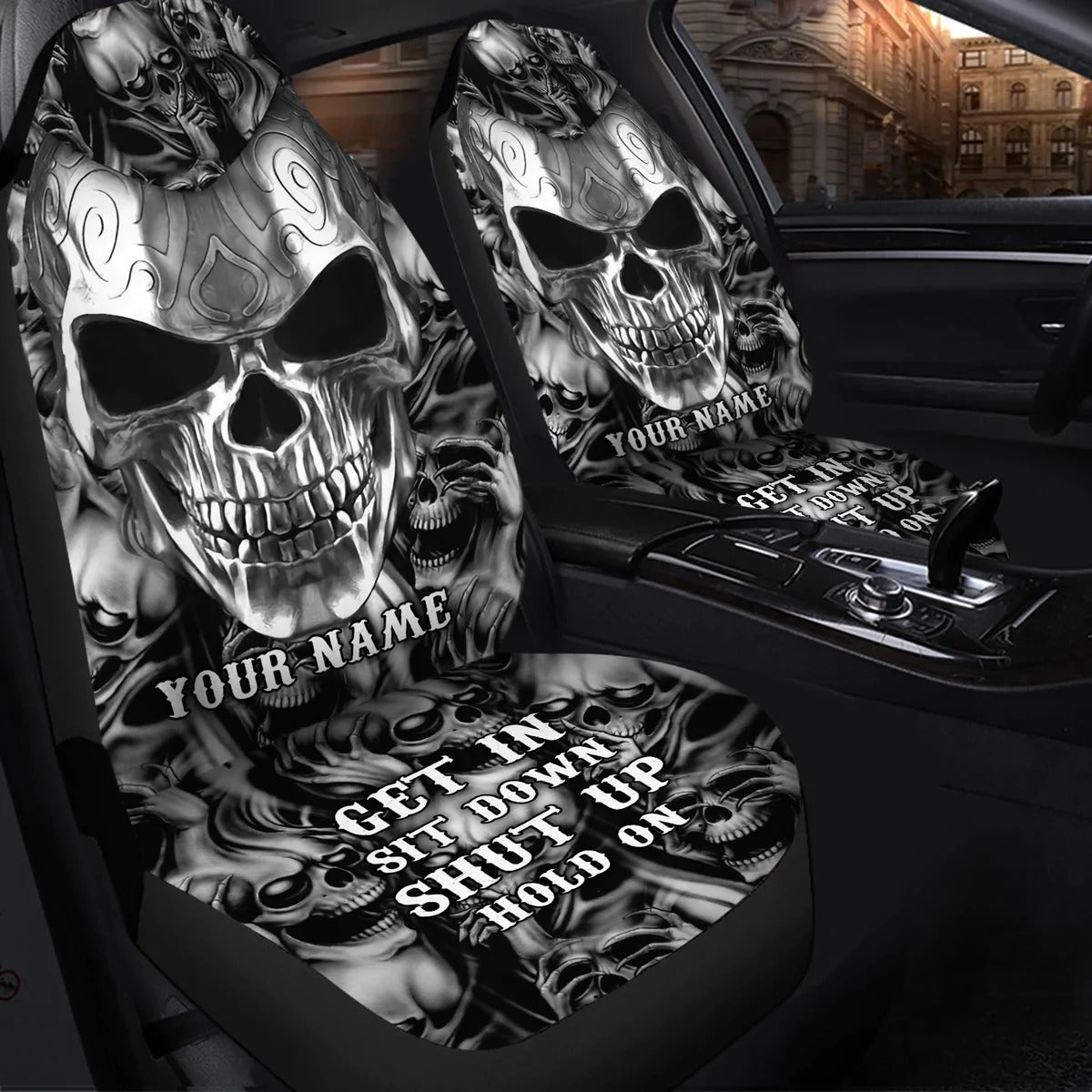 Personalized Name Skull Art Gothic Hold on Car Seat Covers Universal Fit