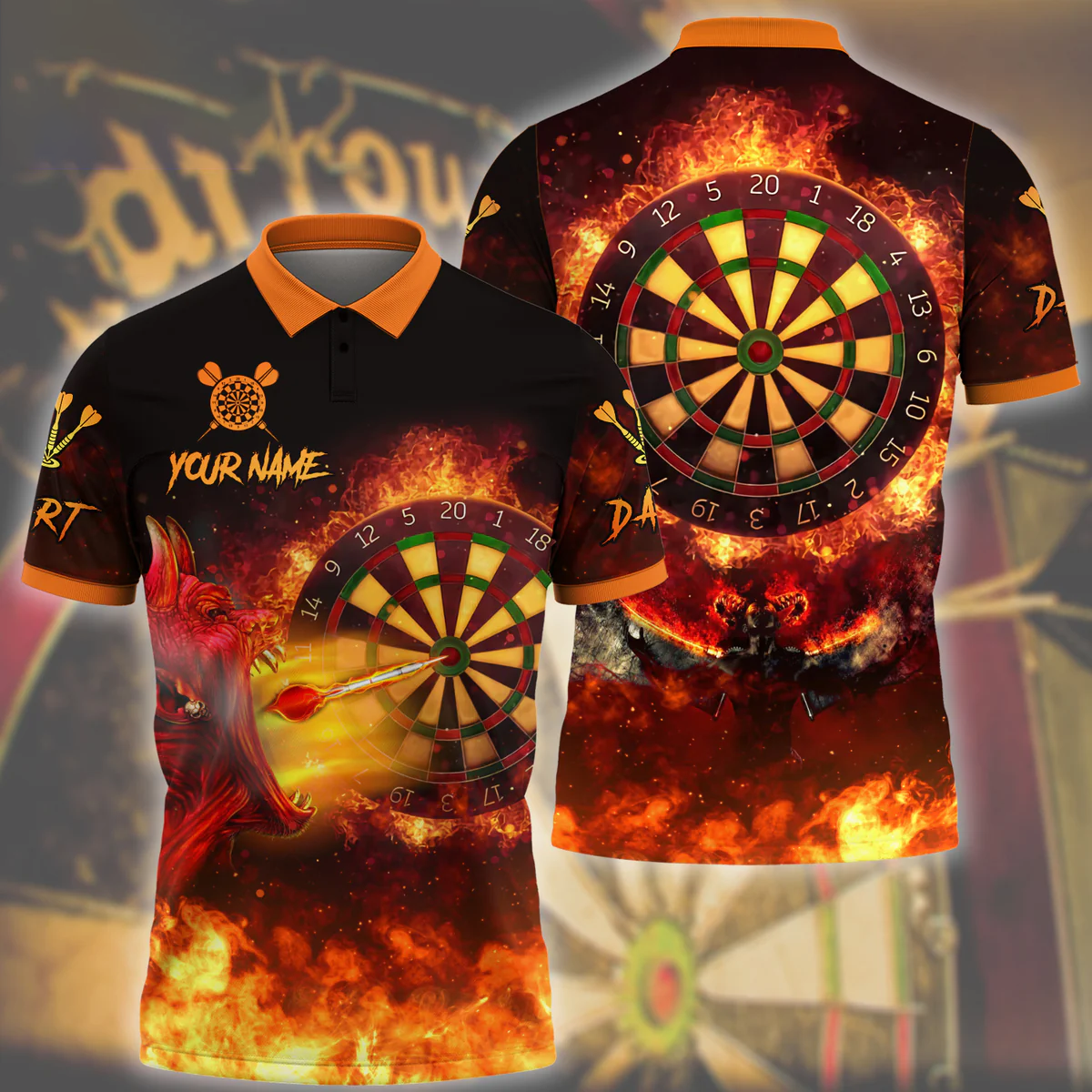 Personalized Name Darts Devils Skull Fire All Over Printed Polo Shirt/ Fire Dart Shirt