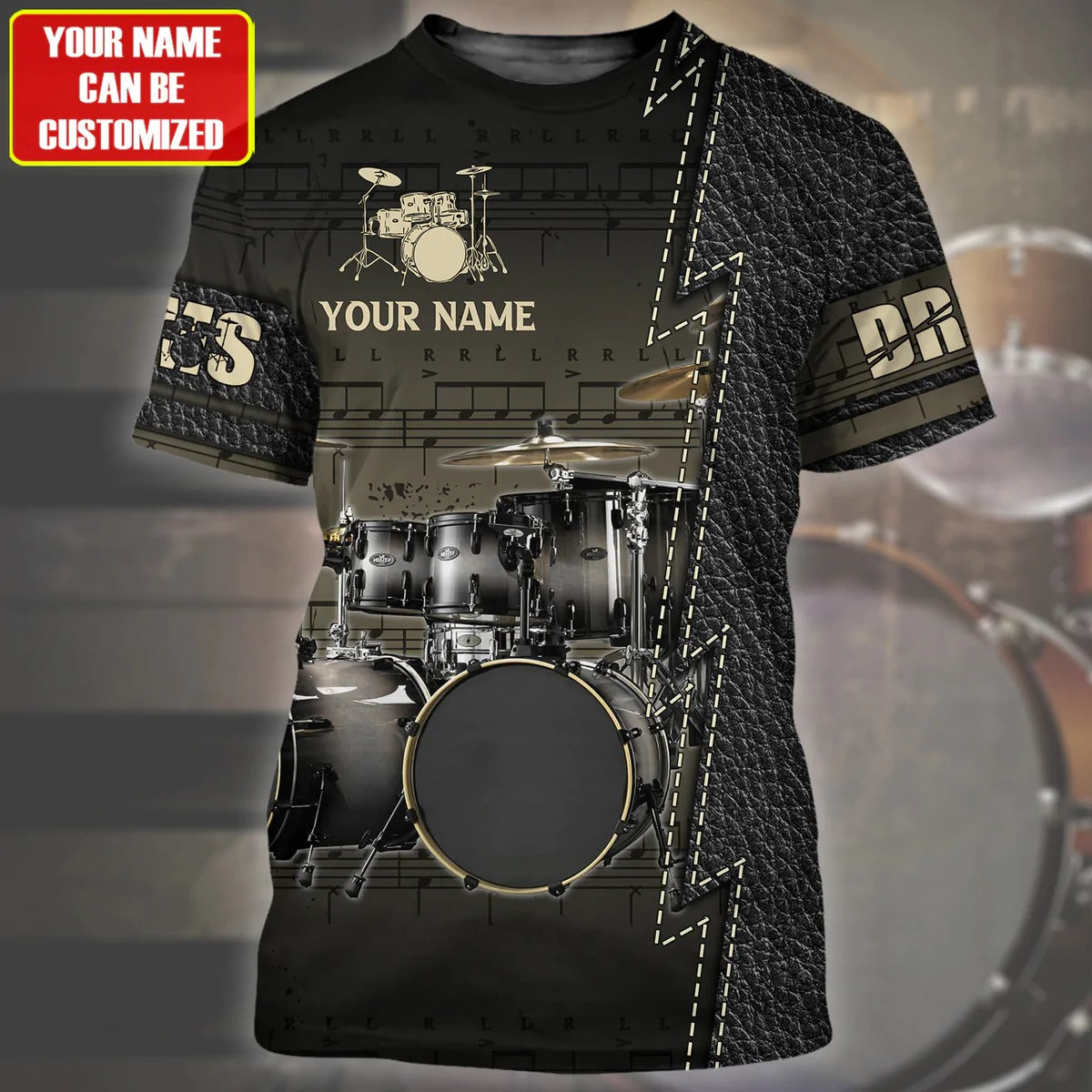 Custom Black Drum Design On Shirt Leather Pattern/ Drummer Shirts/ Music Gift