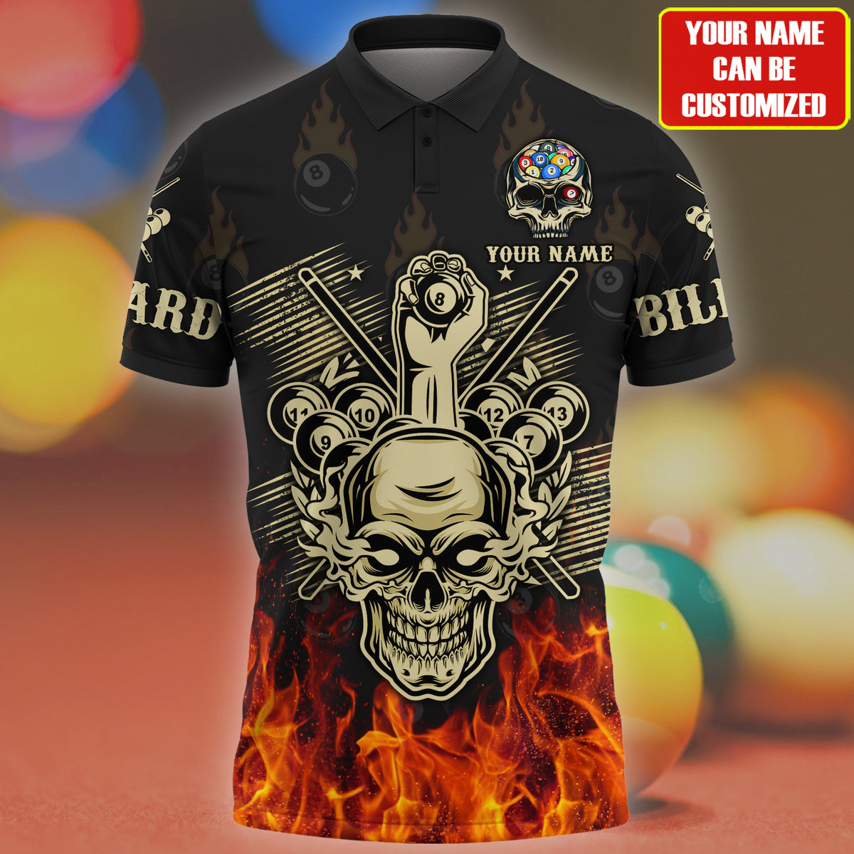 3D All Over Print Skull Billiard Polo Shirt/ Skull Fire Ball Shirt/ Uniform Billiard Team