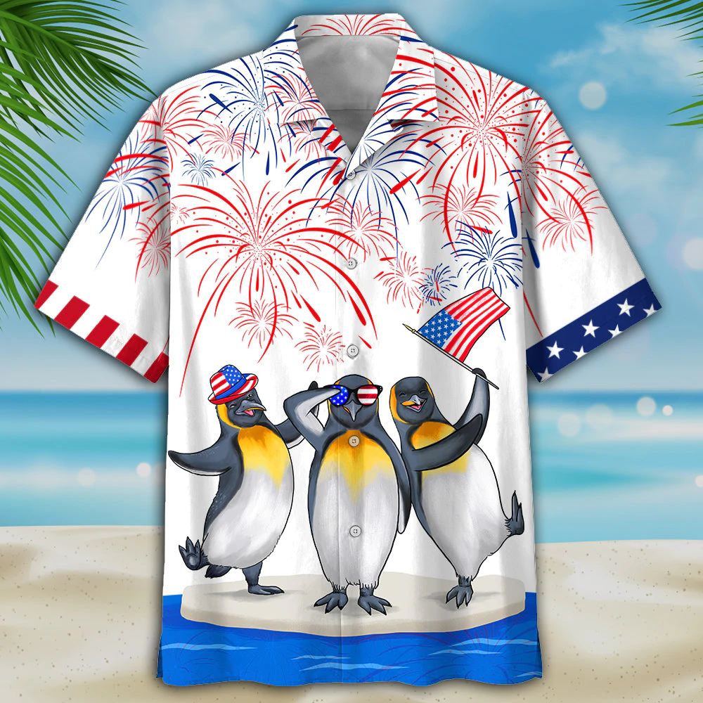 penguins 4th of july Hawaiian Shirt/ Independence Is Coming/ USA Patriotic Hawaiian Shirt