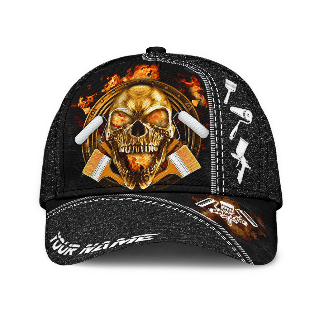 Personalized Name Painter Classic Cap Fire Skull Black Skull Cap Hat For Men Women
