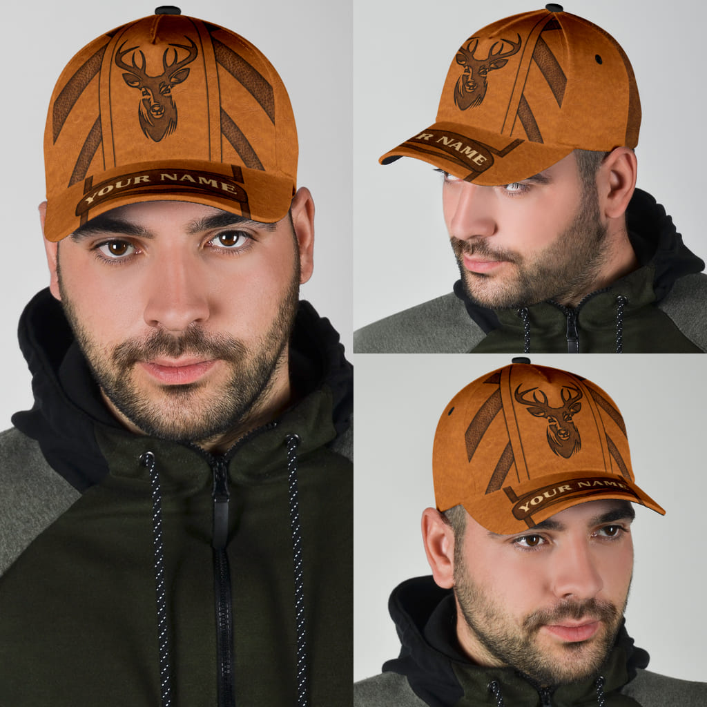 Custom Deer Hunting Classic Cap Hat Brown Leather Pattern Cap Hat