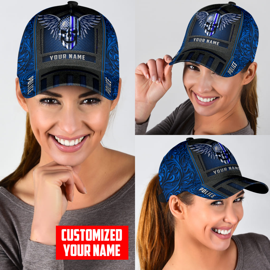 Customized Name Police Skull Classic Cap Blue Skull Baseball Cap Hat