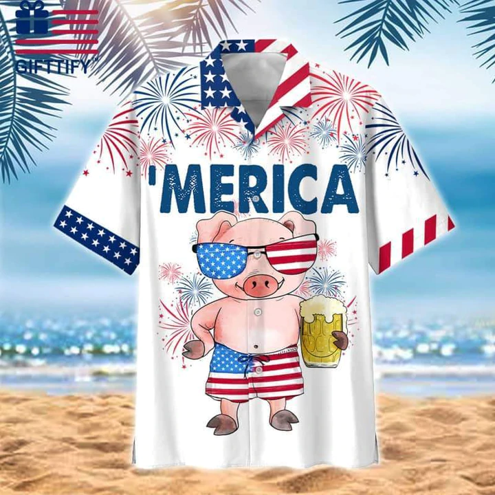 Pig Beer Hawaiian Shirt/ 4th of july Hawaiian Shirt/ Pig American flag Hawaiian shirts for men/ Women