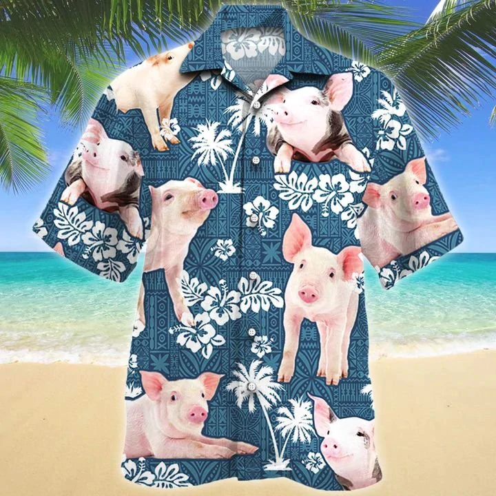 Pig Blue Tribal Pattern Hawaiian Shirt/ Pig Hawaiian shirts/ Pig aloha shirt for men/ Hawaii shirt woman