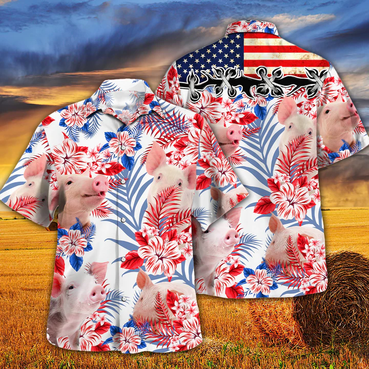 Pig Lovers American Flag Hawaiian Shirt/ Pig aloha Hawaiian shirt/ Hawaiian shirt men/ Hawaiian shirt women