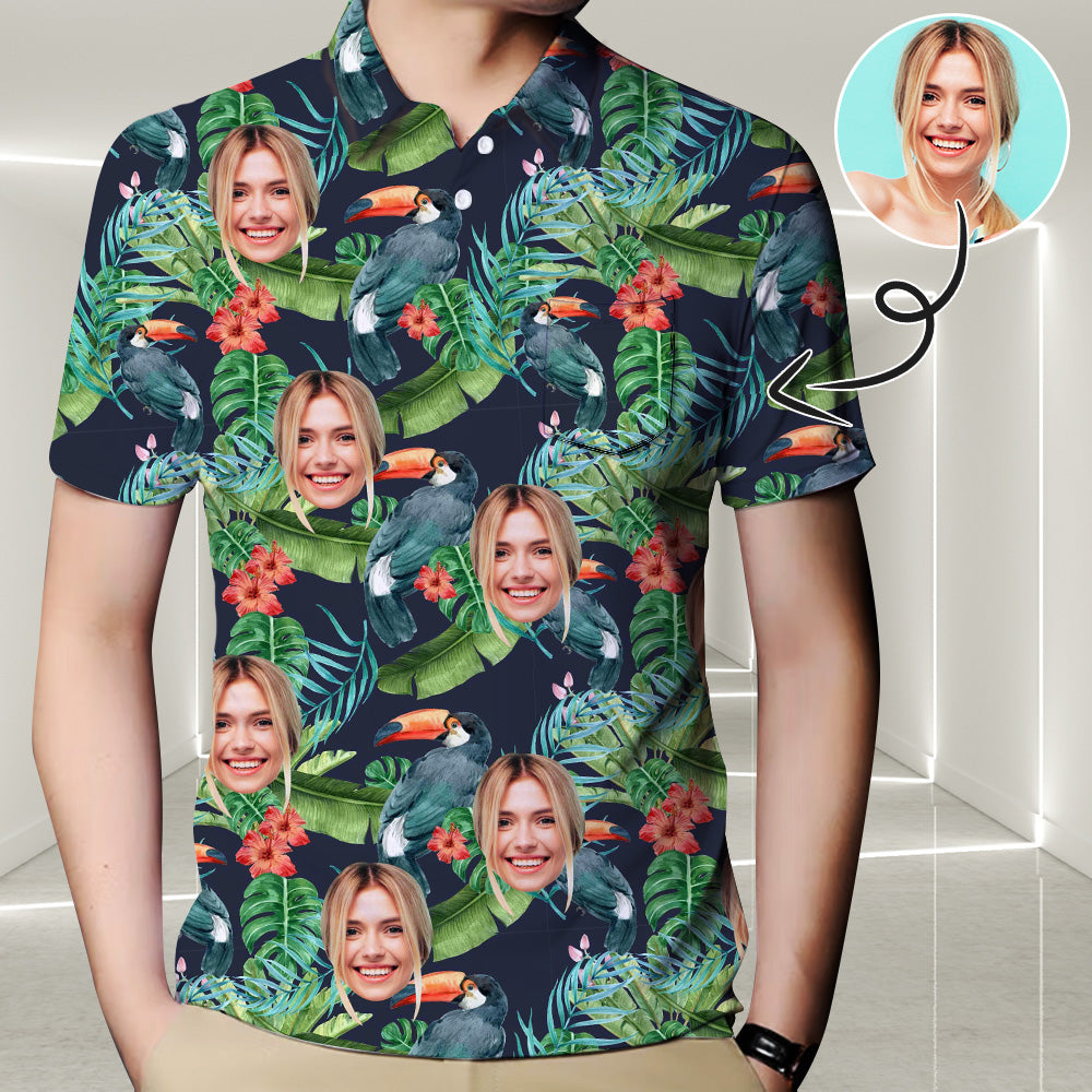 Custom Face Parrot Green Polo Shirt For Men/ Personalized Photo Shirt/ Customized Men''s All Over Print Polo Shirt