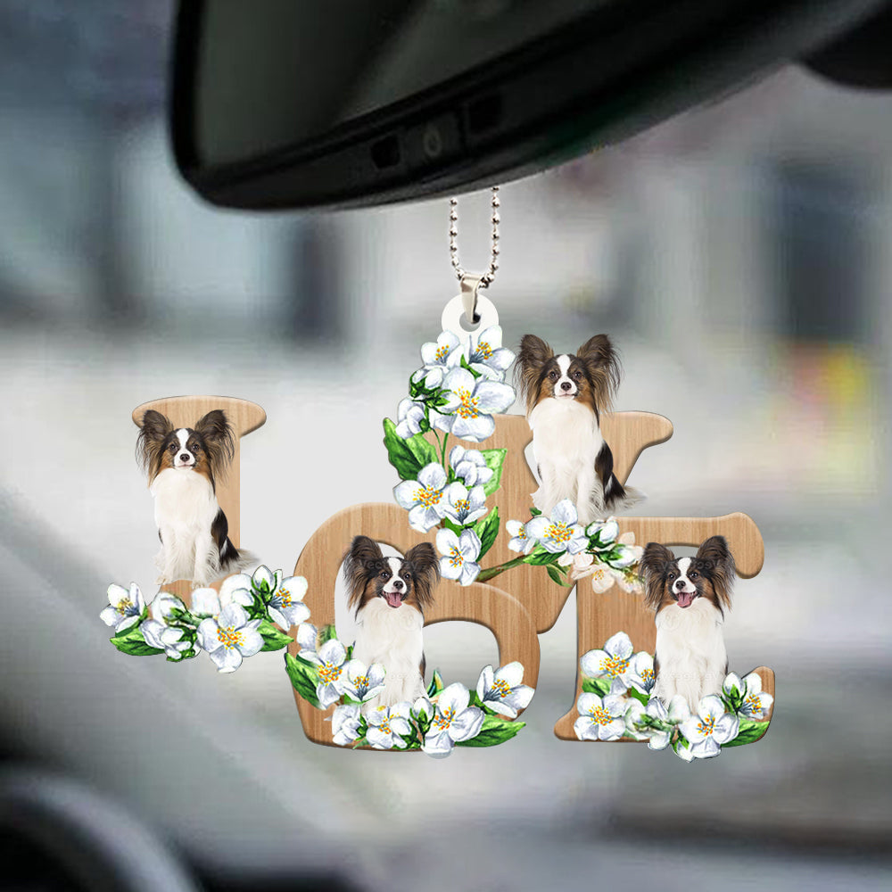 Papillion Love Flowers Dog Lover Car Hanging Ornament Vehicle Decoration