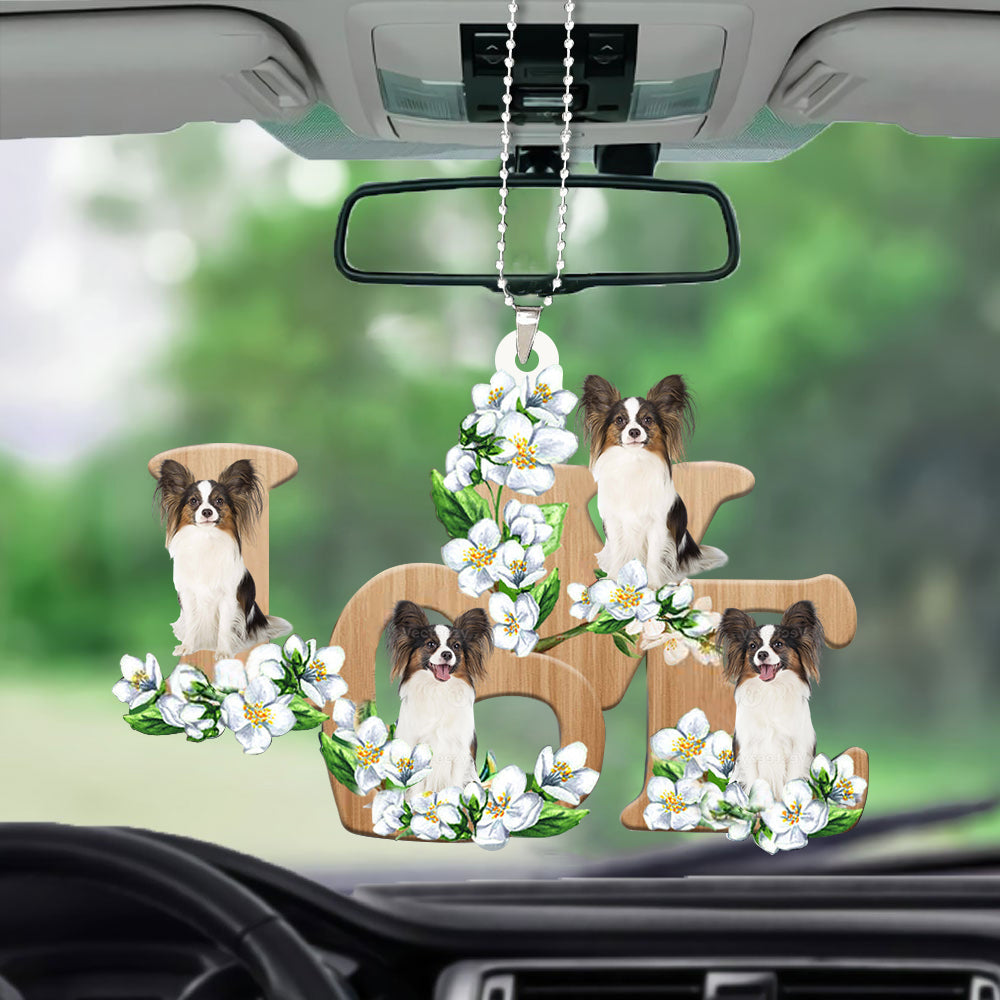 Papillion Love Flowers Dog Lover Car Hanging Ornament Vehicle Decoration