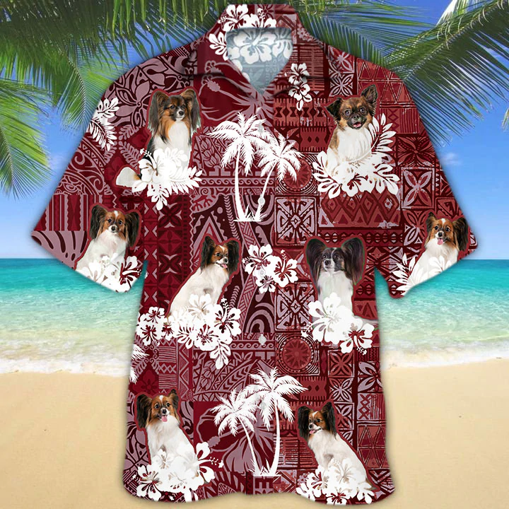 Papillon Red Hawaiian Shirt/ Gift for Dog Lover Shirts/ Men''s Hawaiian shirt/ Summer Hawaiian Aloha Shirt