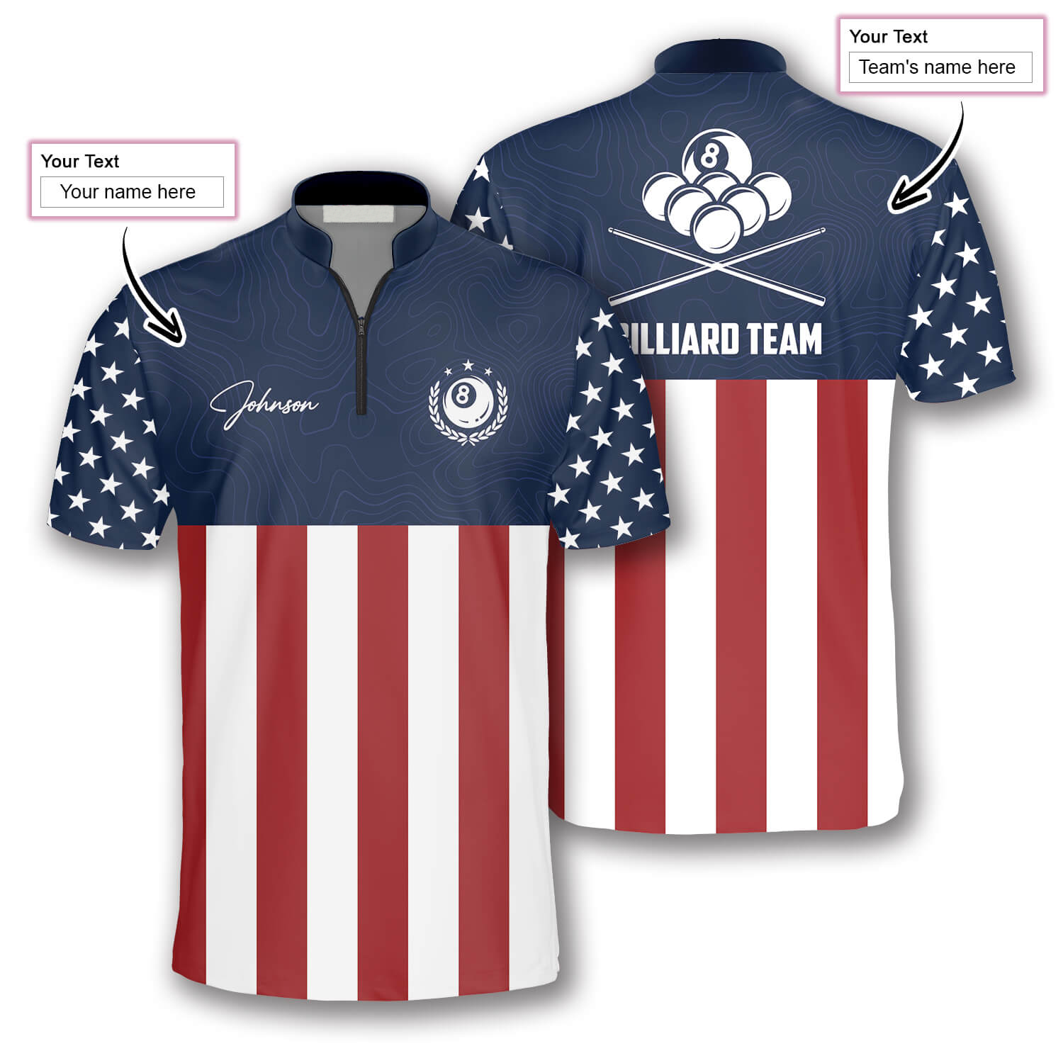 8 Ball Patriotic Flag Navy Custom Billiard Jerseys for Men/ Uniform Shirt for Billiard Player/ Flag Shirt