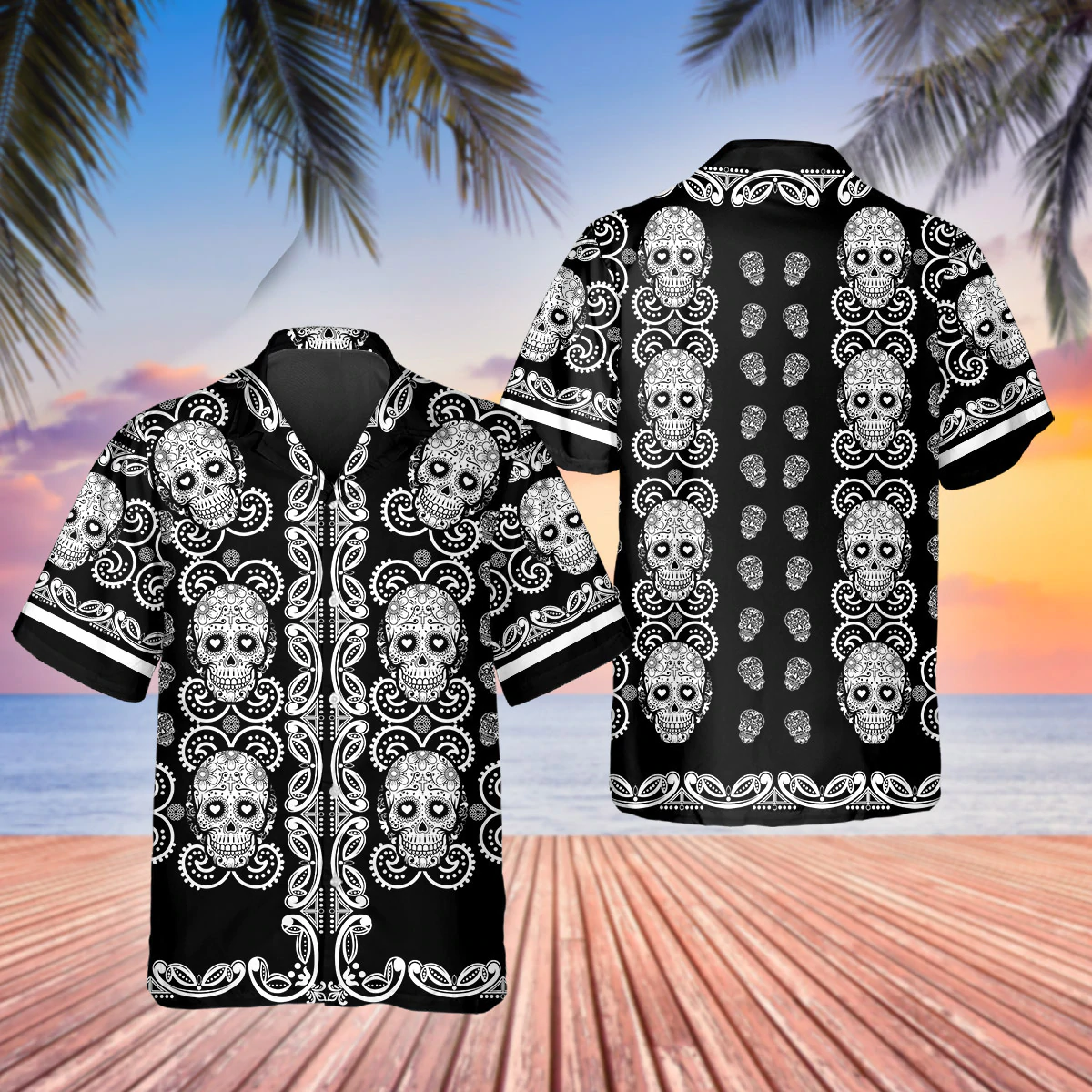 Black And White Skull Roses 3D Hawaiian Shirt For Men/ Skull Hawaiian Aloha Shirt