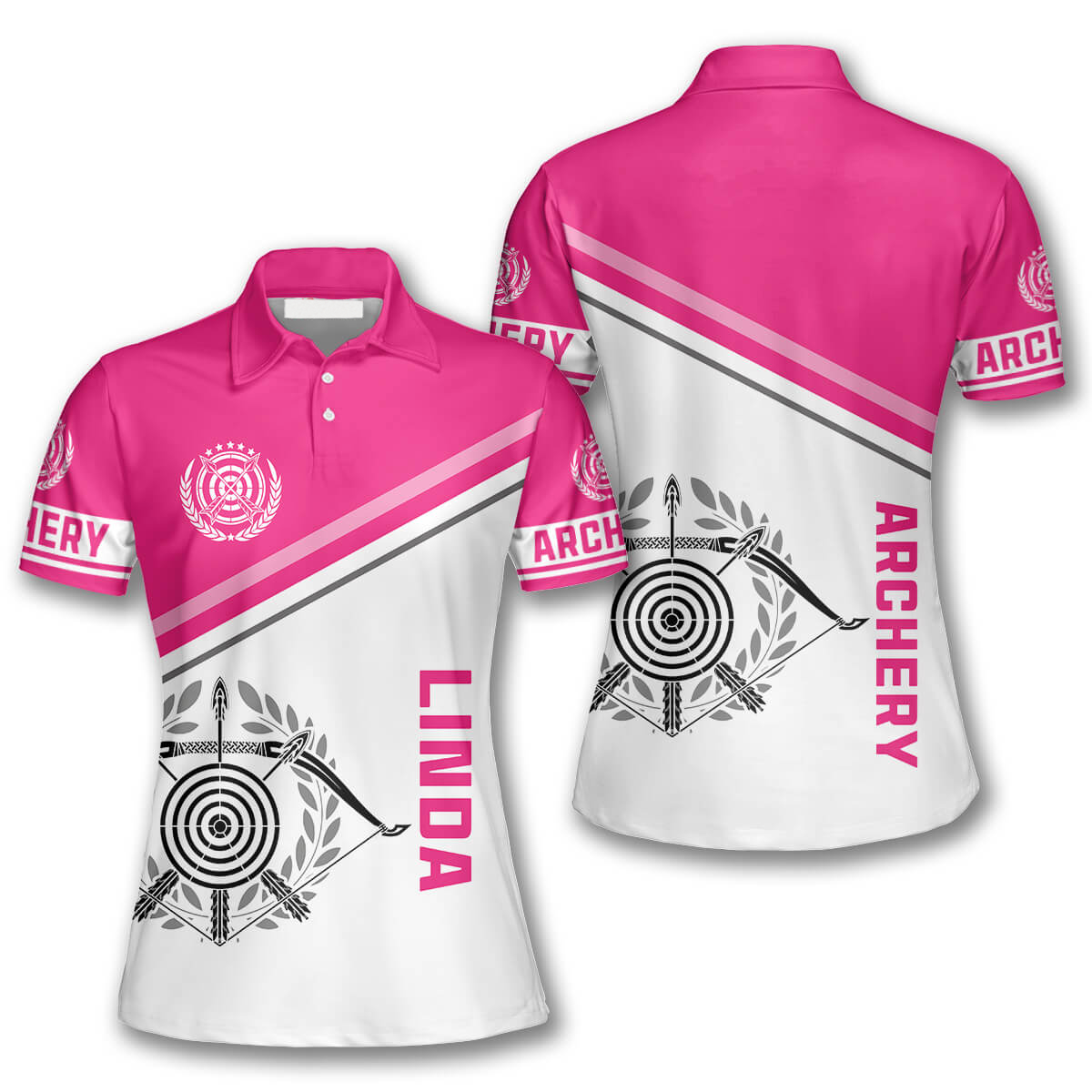 Personalized Pink White Version Emblem Custom Name Archery Polo Shirts for Women