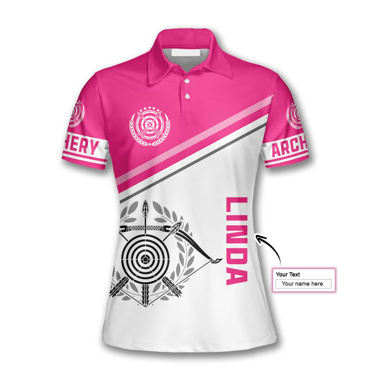 Personalized Pink White Version Emblem Custom Name Archery Polo Shirts for Women