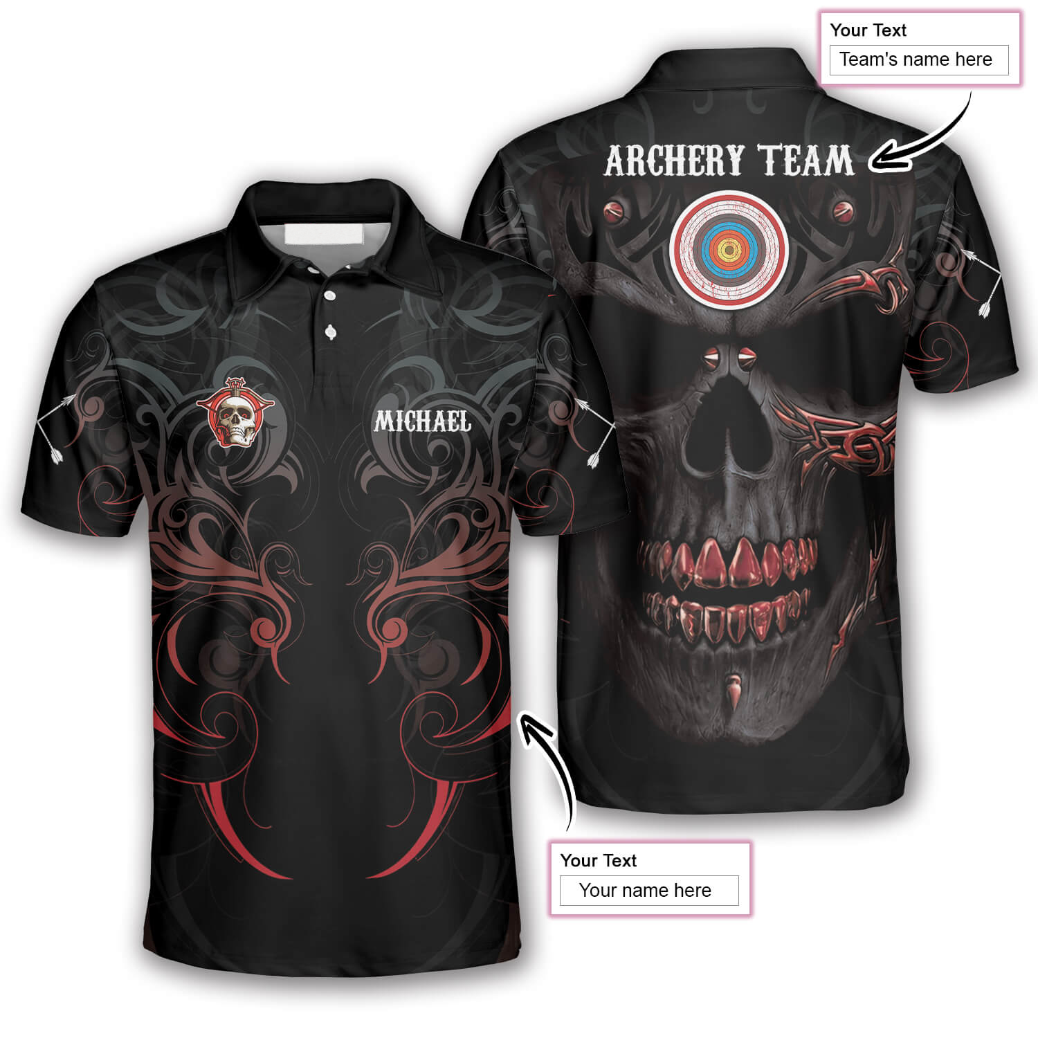 Red Archer Smoke Skull Custom Archery Polo Shirts For Men/ Shirt for Archery Player