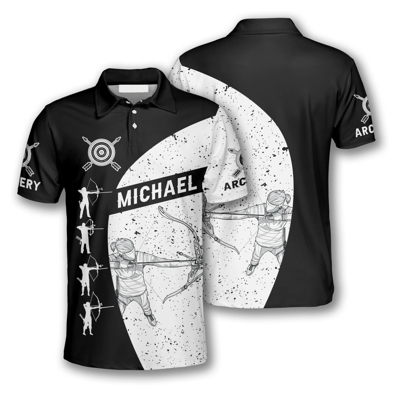 Personalized Archery Silhouettes Black White Version Custom Archery Polo Shirts for Men