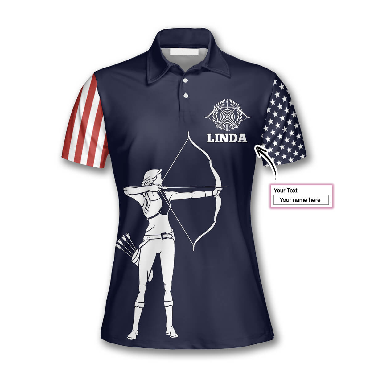 Female Archer Silhouette Navy Flag American Custom Archery Polo Shirts for Women