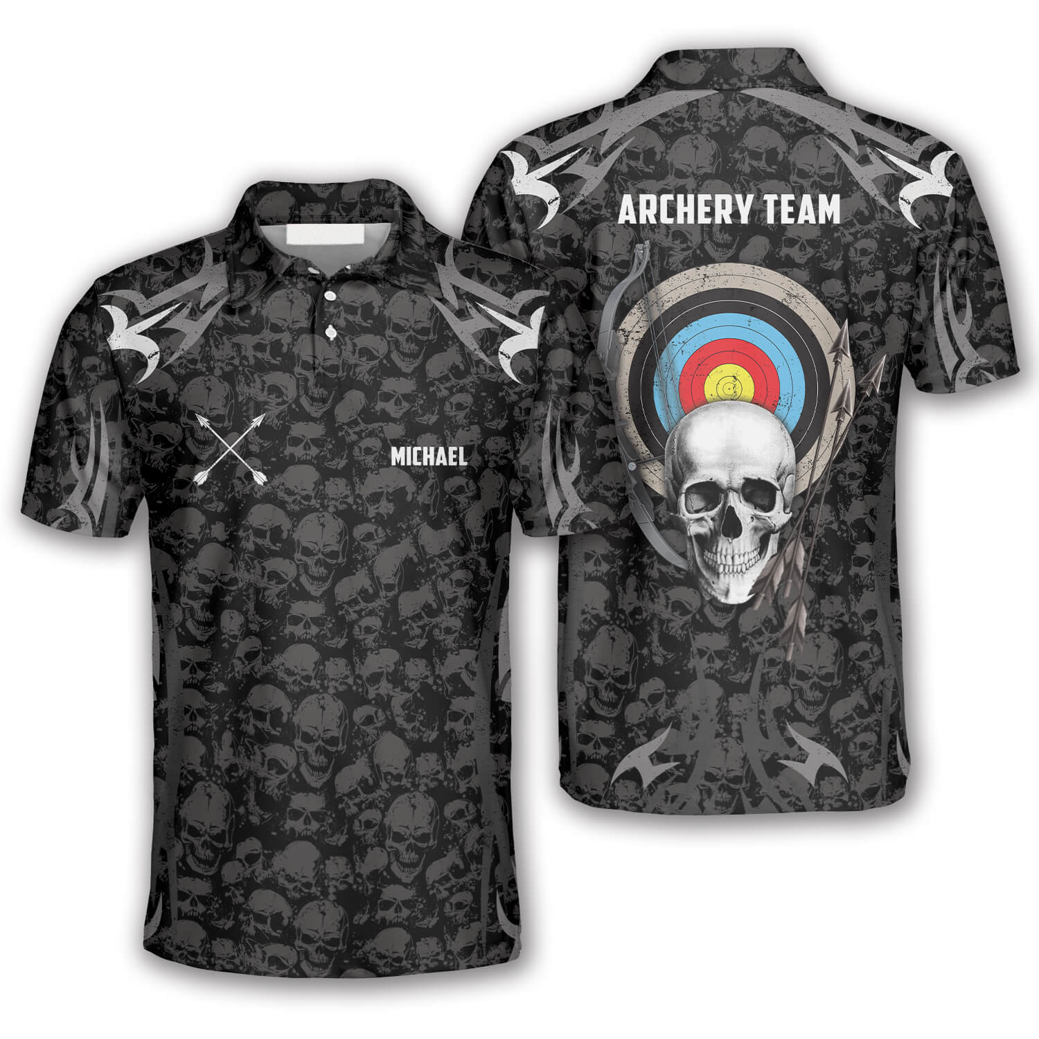 Archery Skull Pattern Custom Archery Polo Shirts For Men/ Skull Archery Shirt