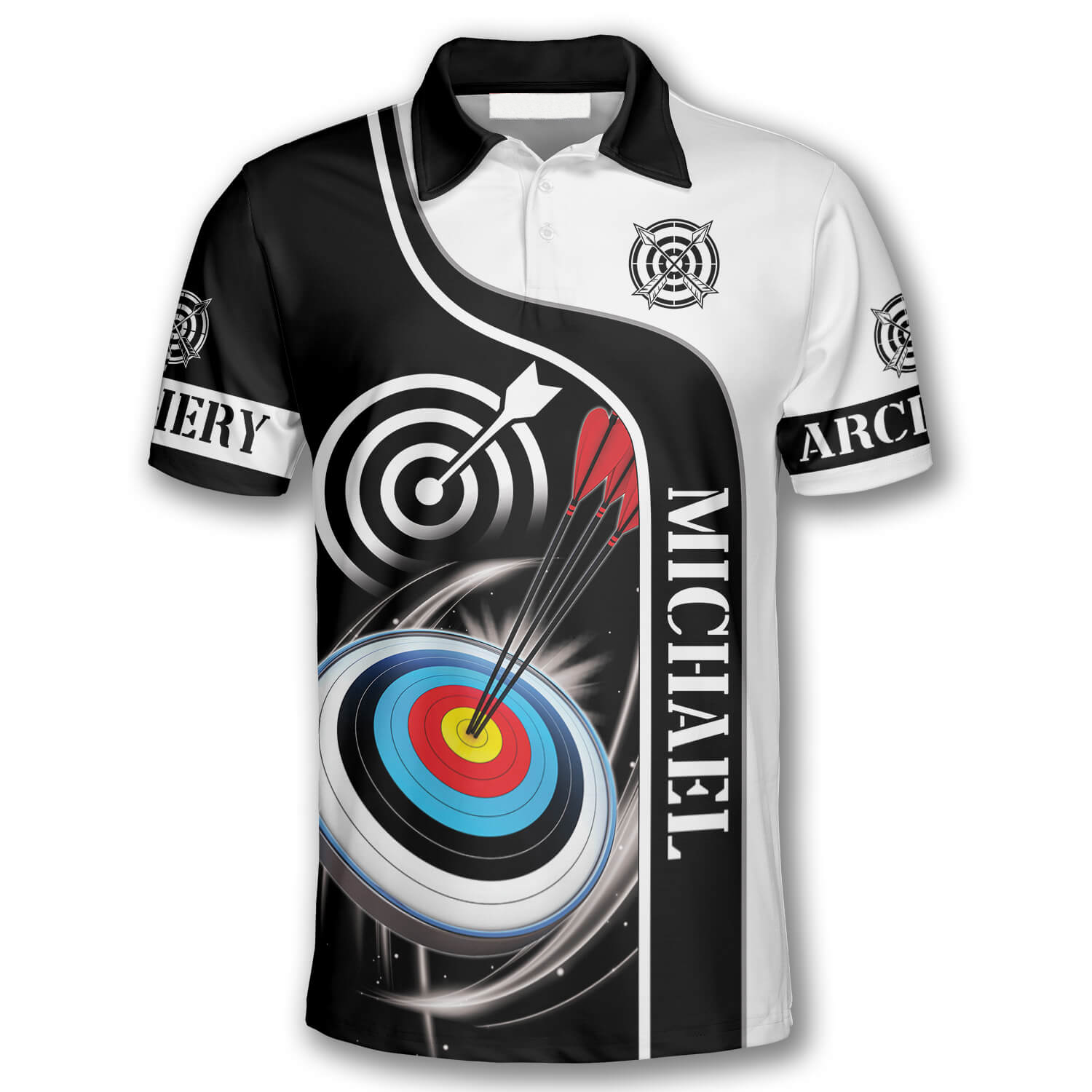 3D All Over Print Archery Targets Black White Version Custom Name Archery Polo Shirts for Men
