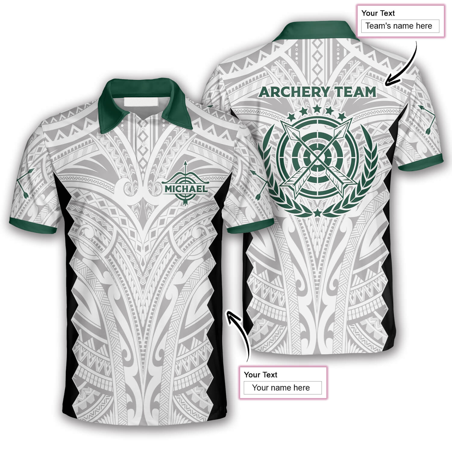 3D All Over Print Tribal White Green Custom Archery Polo Shirts For Men