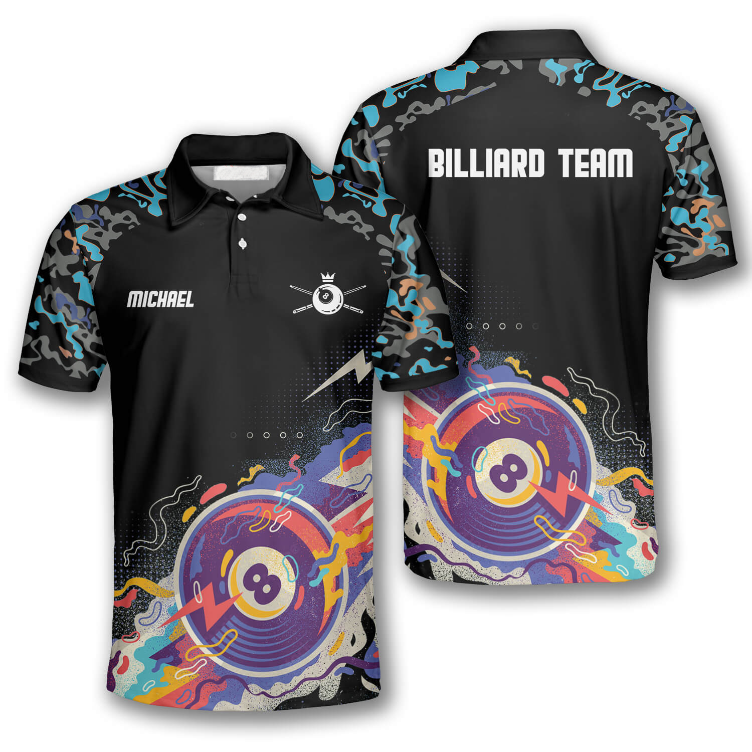 3D All Over Ball 8 Color Black Blue Custom Billiard Shirts for Men