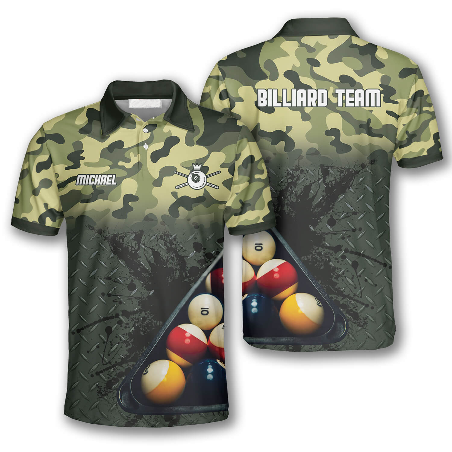 Personalized Green Camo Custom Billiard Shirts for Men/ Billiard Polo Shirt/ Gift for Team Billiard