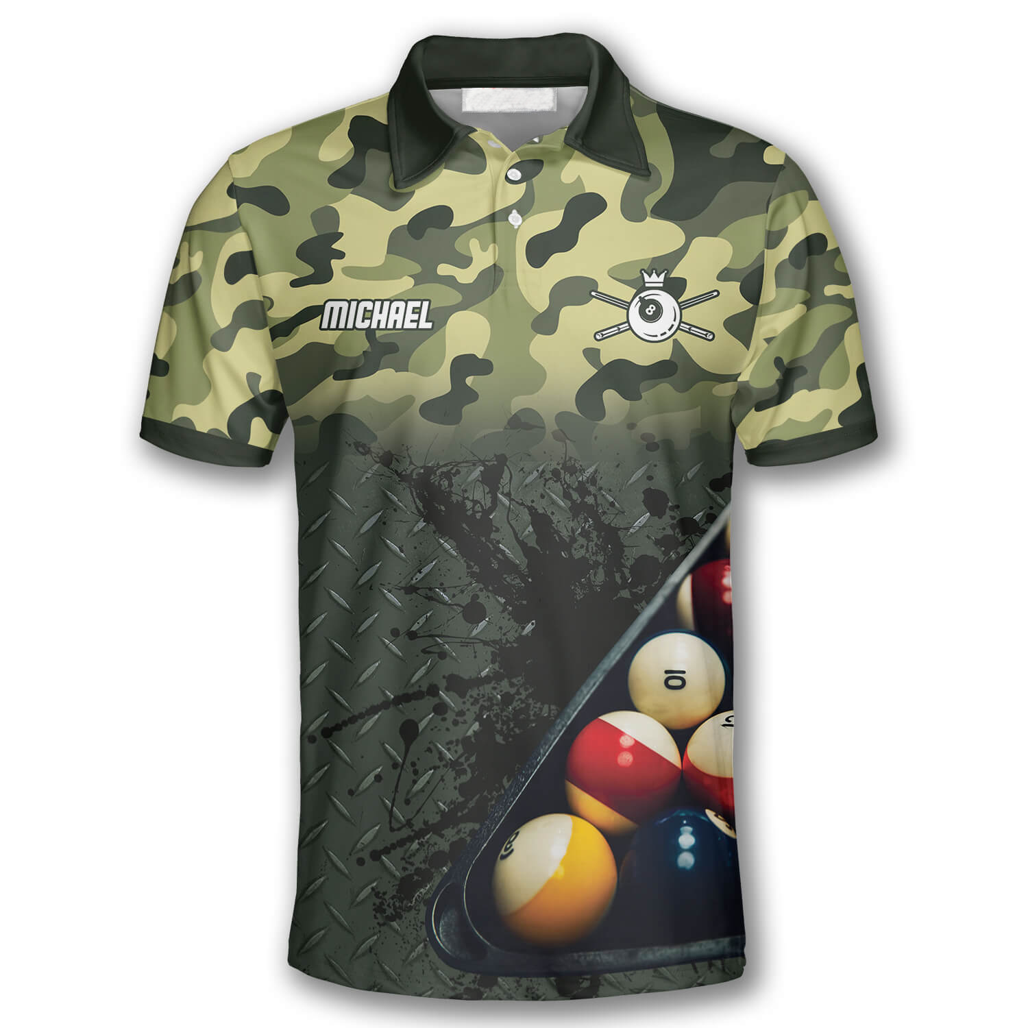 Personalized Green Camo Custom Billiard Shirts for Men/ Billiard Polo Shirt/ Gift for Team Billiard