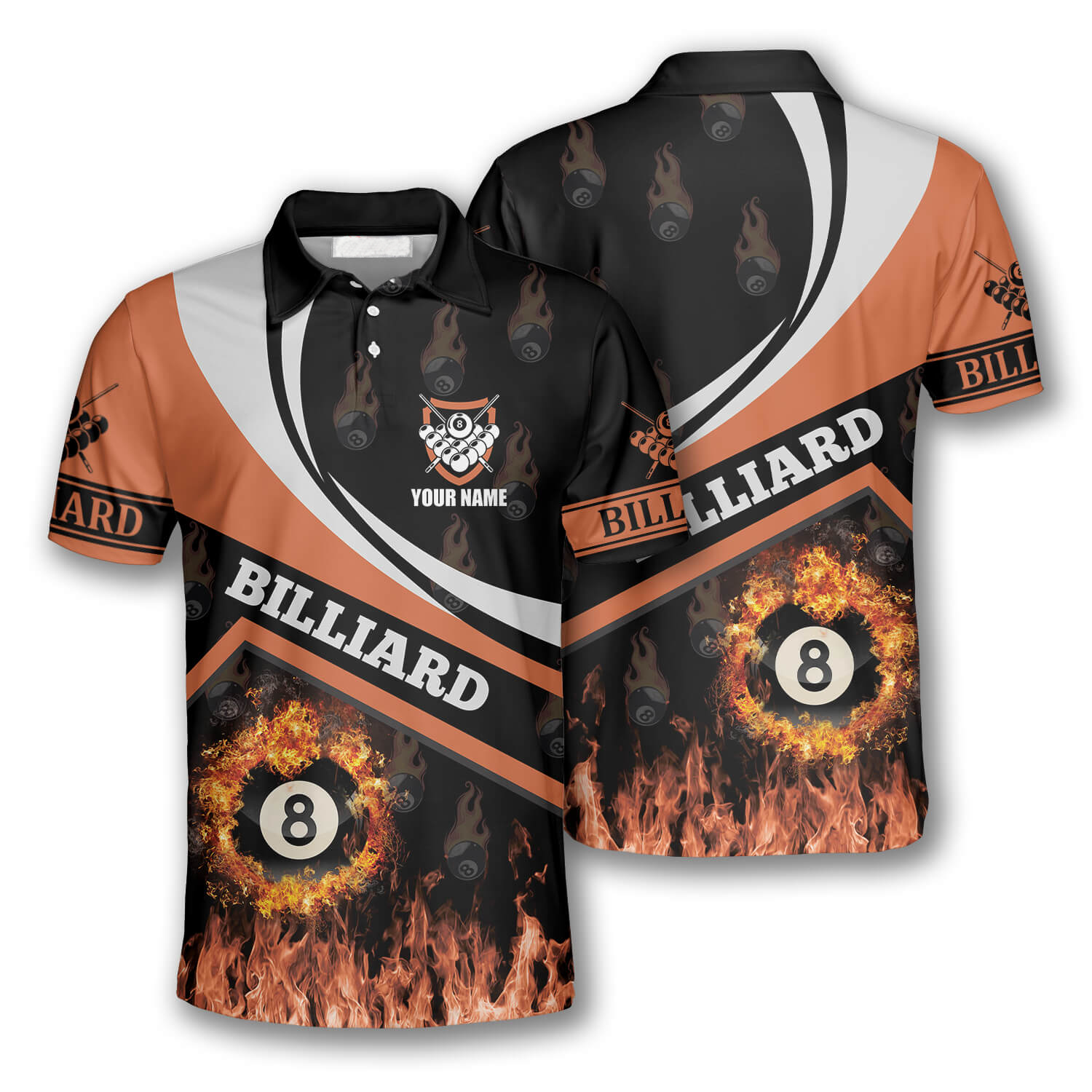 Billiard Fire Flame Orange Style Custom Billiard Shirts for Men/ Custom Billiard Shirts for Team/ Men''s Billiard Polo Shirts