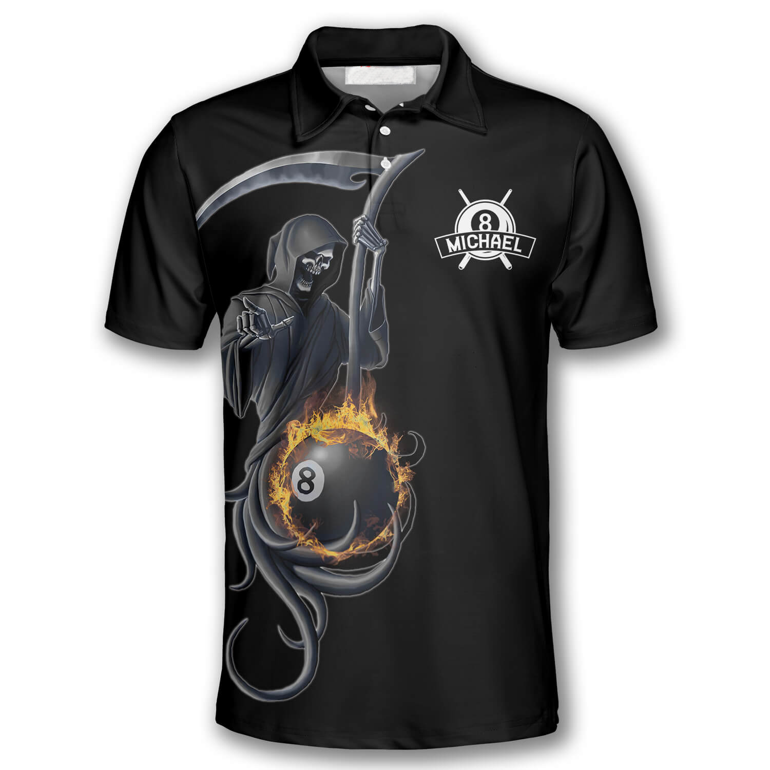 Personalized Grim Reaper Custom Billiard Polo Shirts for Men/ Skull Shirt/ Billiard Shirt