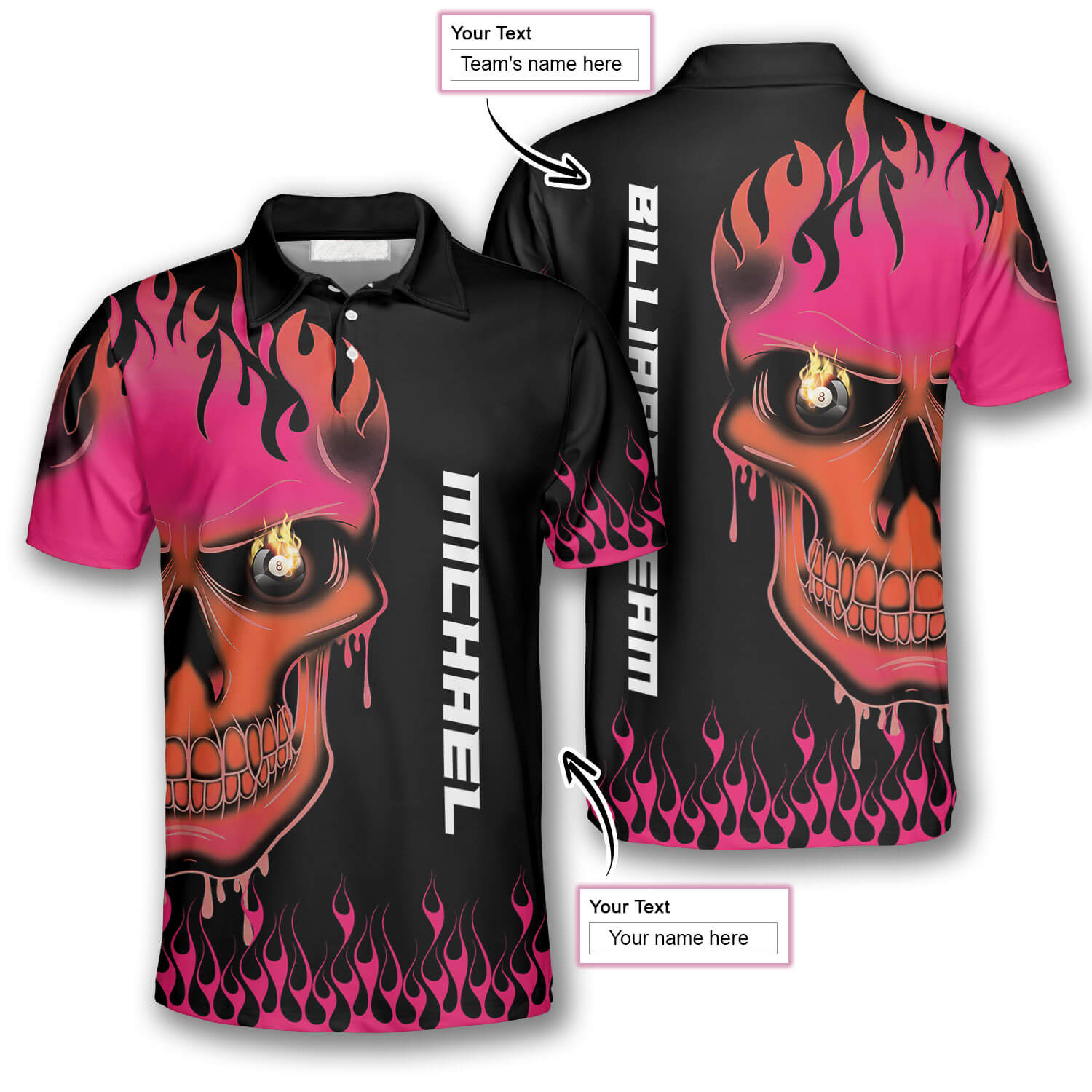 Fire Skull Custom Billiard Shirts for Men/ Custom Billiard 8 ball for Team/ Men''s Billiard Polo Shirts
