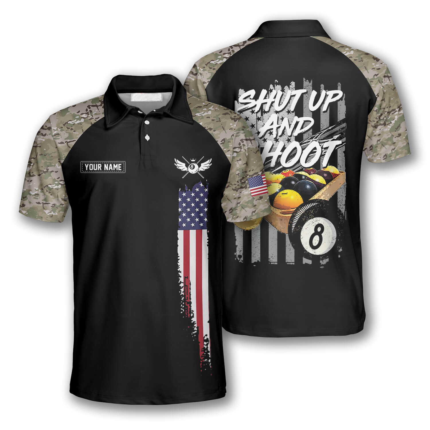Personalized Billiard Camouflage Shut Up And Shoot Custom Billiard Polo Shirts for Men